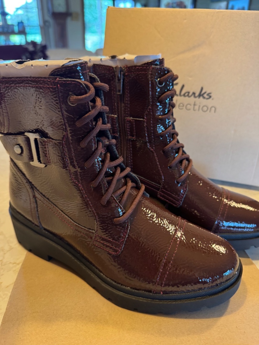 Clarks - Womens Calla Dance Boot, Color Burgundy Patent , Size: 6.5 M US NEW